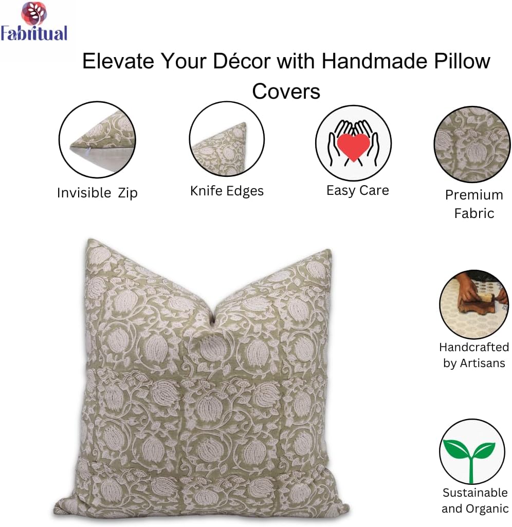 Fabritual Fundas de almohada de algodón de lona de pato con estampado de bloques de 22 x 22 pulgadas, fundas de almohada decorativas hechas a mano