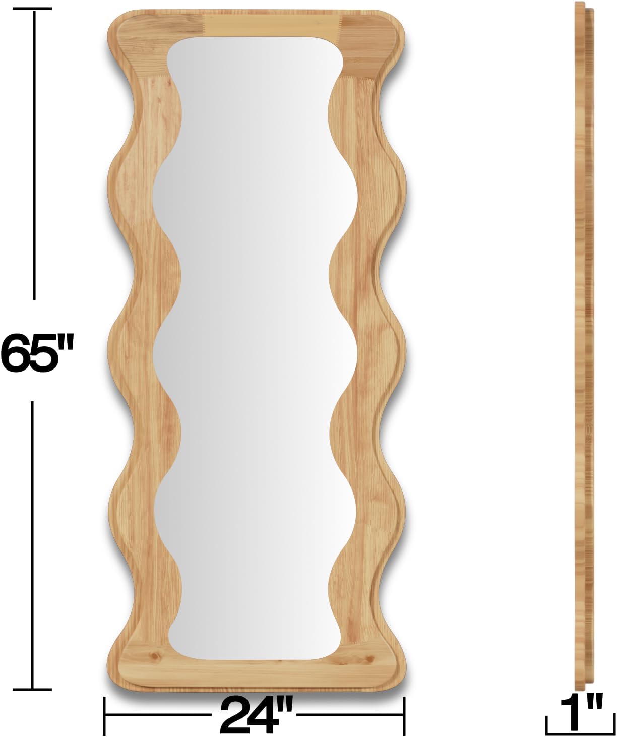 Espejo de longitud completa de 65 x 24 pulgadas, con marco de madera, ondulado, espejo de cuerpo completo, a prueba de roturas, espejo de madera