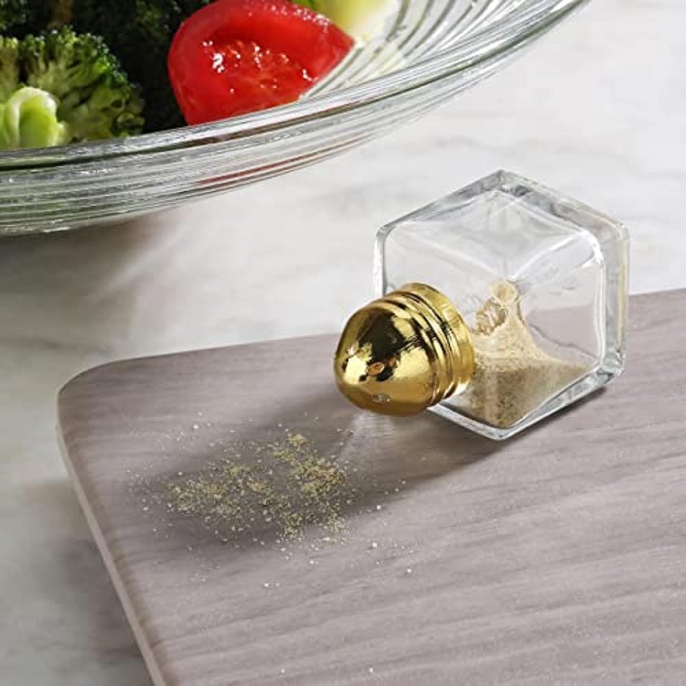 Juego de 24 saleros y pimenteros dorados de 12 oz, mini cubos cuadrados de cristal, saleros y pimenteros con parte superior dorada para restaurantes
