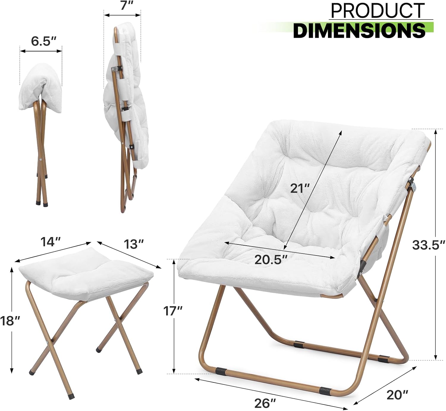 Magshion Silla cuadrada plegable de gran tamaño con platillo de luna para adultos con reposapiés otomano, silla grande y acogedora para dormitorio,