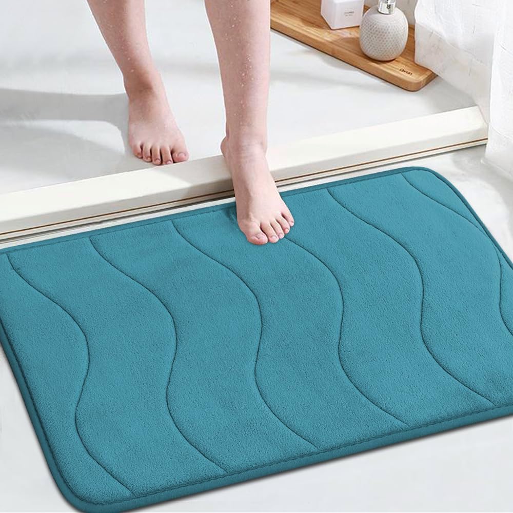 Alfombra de baño de espuma viscoelástica de lujo, diseño ondulado de Flamingo P , Goma, Dark Teal, 20″ x 32″