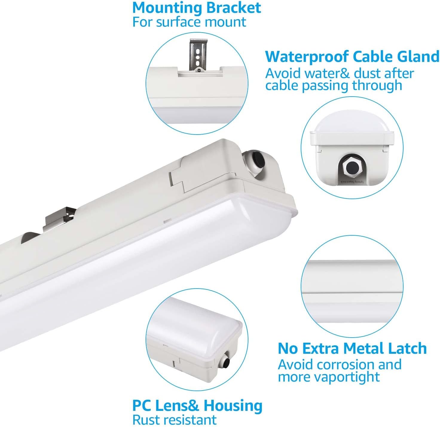 LEONLITE Lámpara LED hermética de vapor de 4 pies, 70 W 9000 lm, iluminación de tienda, 0-10 V regulable 5000 K, impermeable, a prueba de vapor,