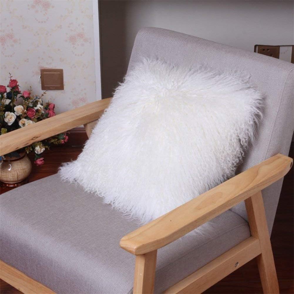 Seek4comfortable Funda de almohada de piel de cordero mongol 100% real (18 x 18 pulgadas, blanco)  Funda de almohada decorativa de piel para sala de