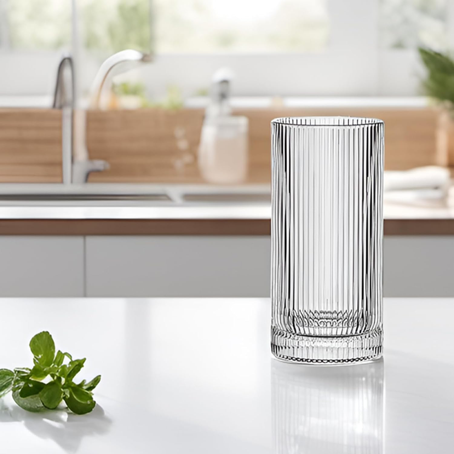 Juego de 4 vasos de 16 onzas, vasos de vidrio altos para café helado, cócteles, jiuces, cristalería acanalada, elegantes vasos de agua altos para el