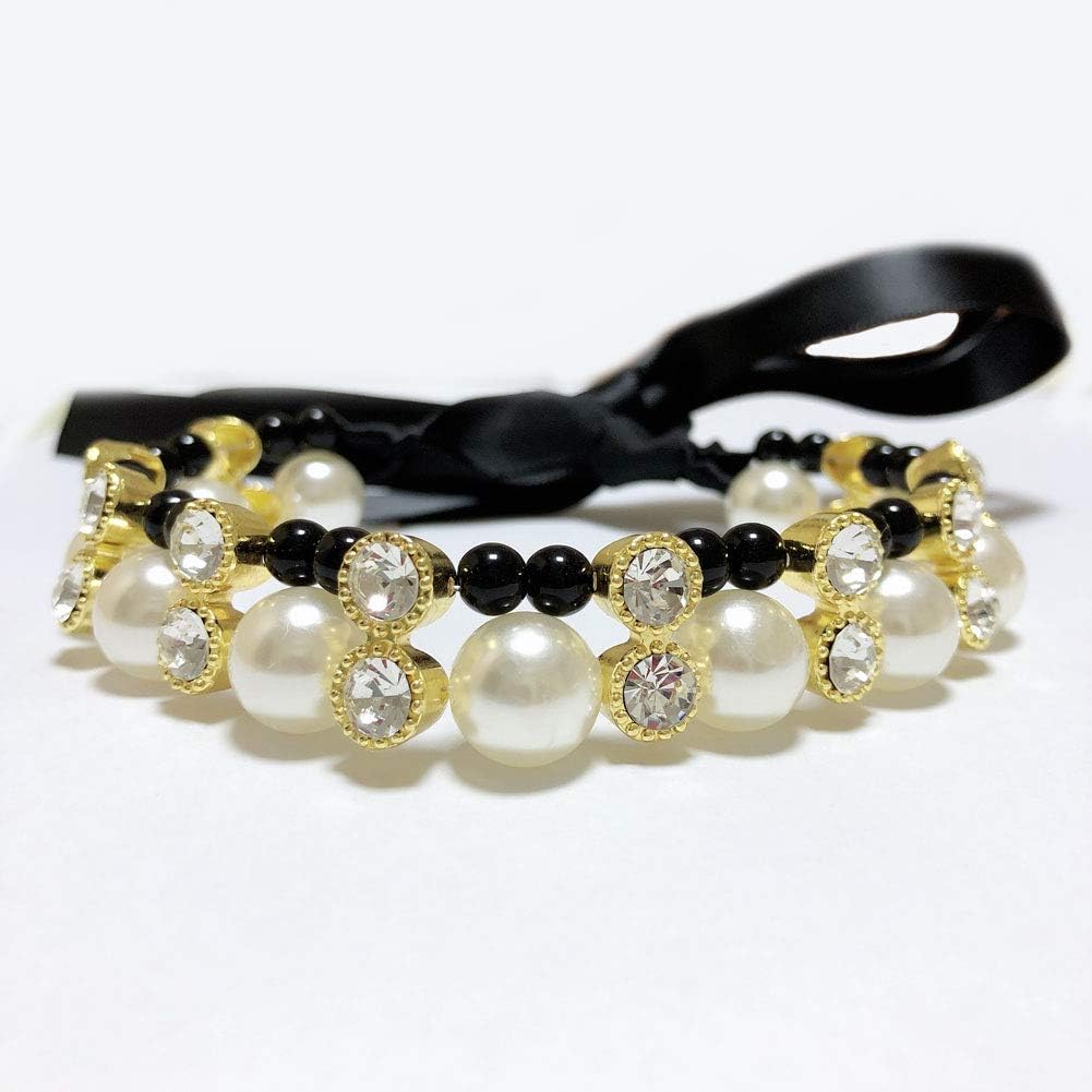 PetFavorites – Collar con 2 filas de perlas de diamante para perro, gato, perlas, collar con abalorio de cinta para perros pequeños, chica,