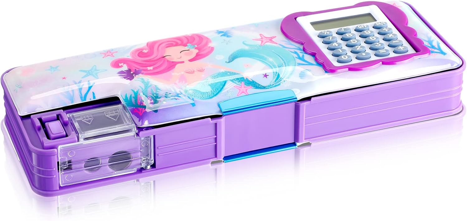 Henoyso Caja de lápices para niñas, estuche de sirena con calculadora y sacapuntas, estuche multifunción para lápices, suministros escolares, regalo