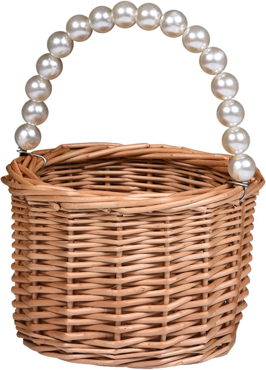 Cesta de mimbre para niña de flores, cesta de niña de flores con mango de perlas, cesta de niña de flores de boda y decoraciones para el hogar.