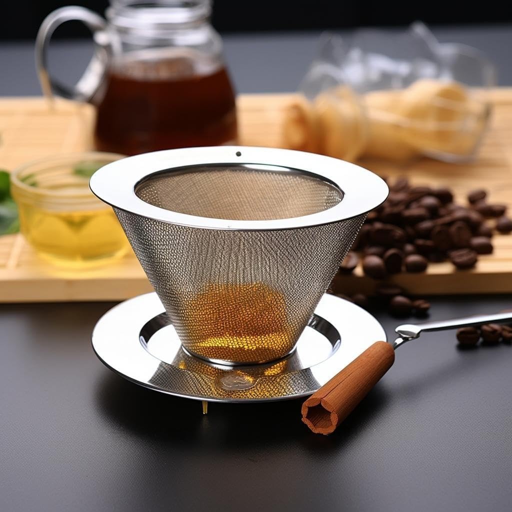 Gotero reutilizable para verter sobre café con cono de café, cesta de filtro de café de doble capa de acero inoxidable con forma de panal de abeja