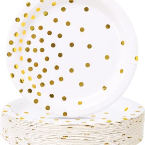 Suministros de fiesta blancos y dorados, platos de postre de papel de punto dorado (50 unidades) Suministros de fiesta blancos y dorados, platos de postre de papel de punto dorado (50 unidades)
