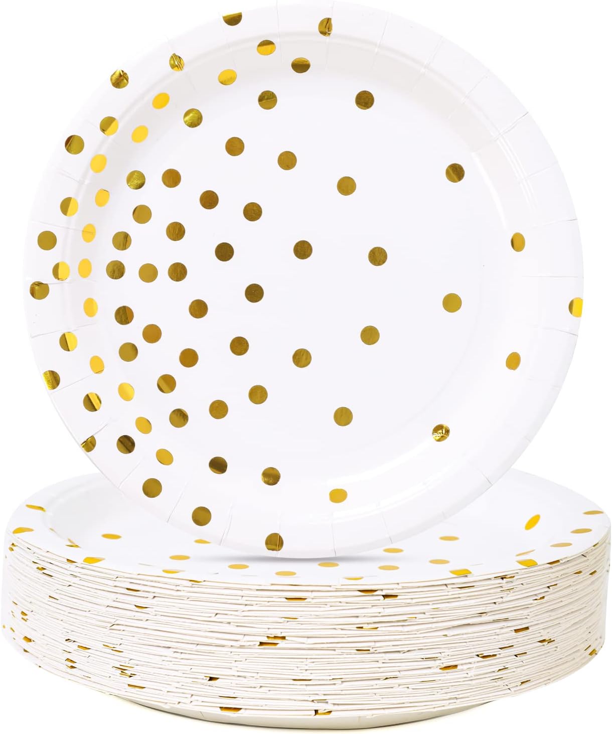 Suministros de fiesta blancos y dorados, platos de postre de papel de punto dorado (50 unidades)