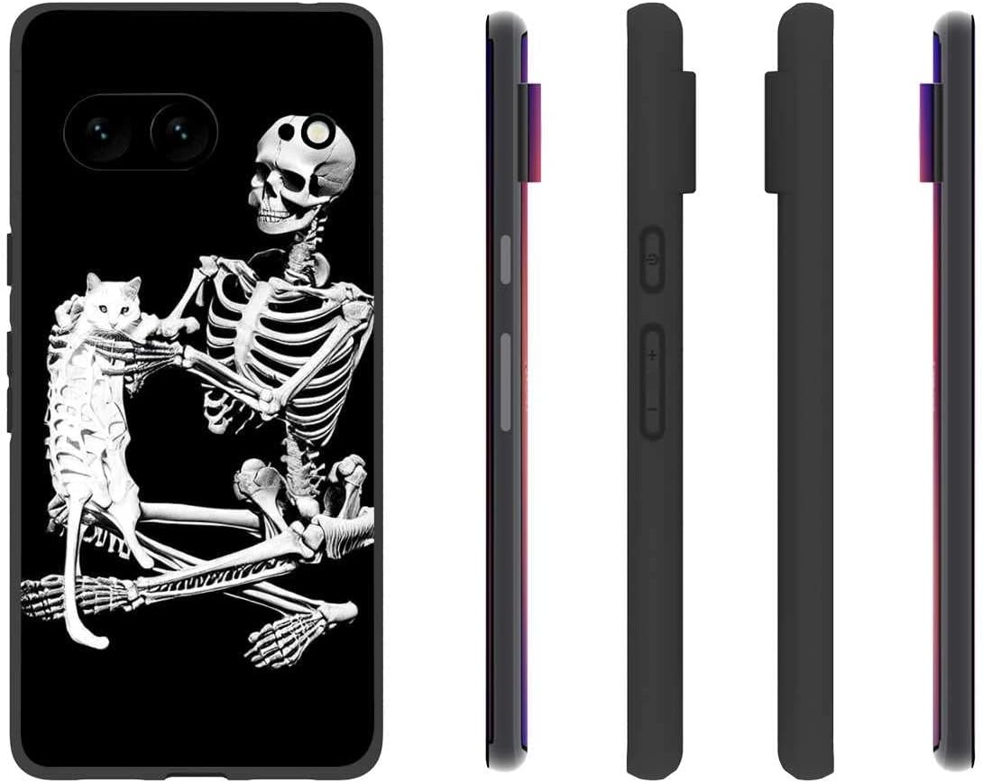 Funda compatible con Google Pixel 7, diseño de esqueleto de hueso, calavera y gato para Google Case para niñas y niños, funda delgada de silicona