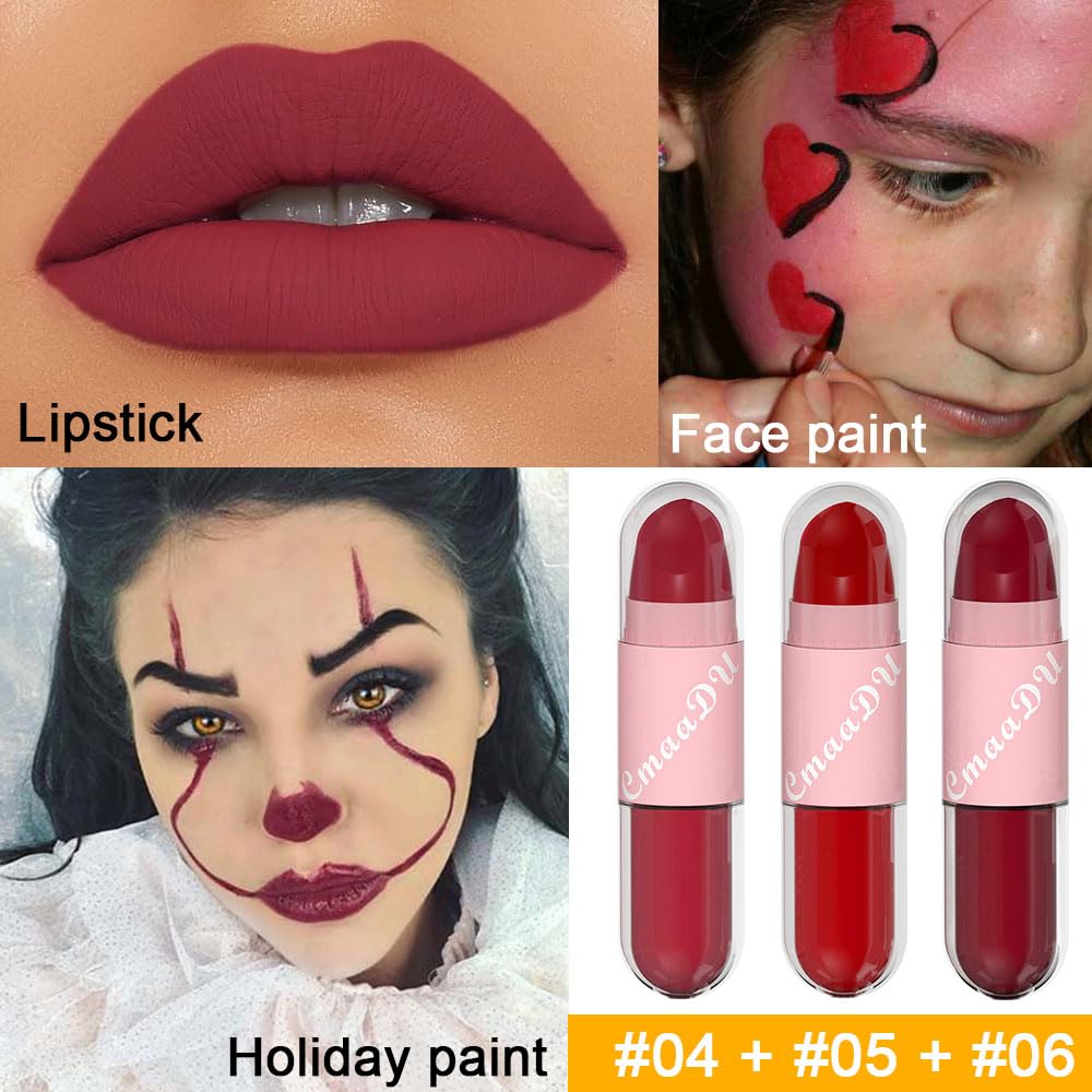evpct Lápiz labial mate 2 en 1 y larga duración, a prueba de manchas, brillo de labios, juego de 3 piezas para mujer, color rojo rubí oscuro, beige,