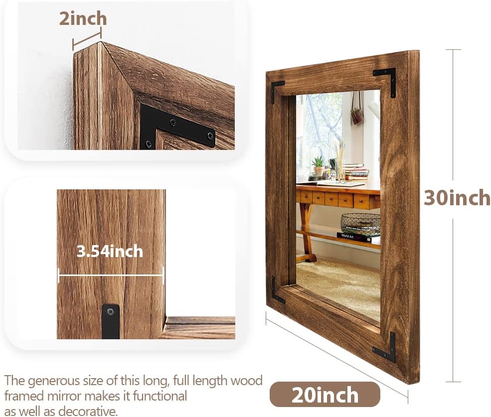 YOSHOOT Espejo de pared con marco de madera rústica, espejo de tocador de baño de madera natural para decoración de granja, colgante vertical u