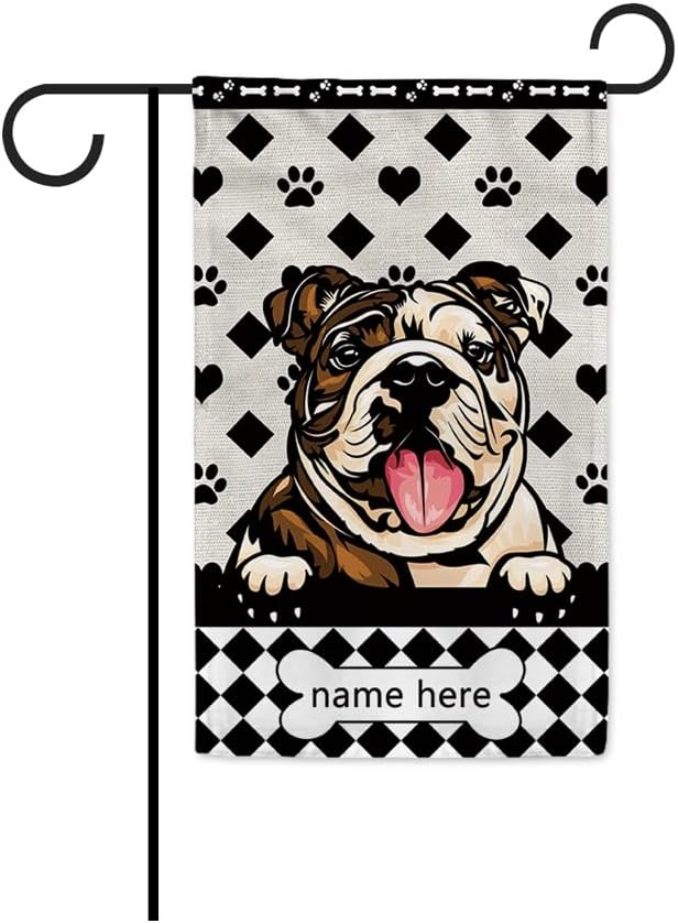 MALIHONG Bandera de jardín personalizada para perro, divertida bandera de perro que mira a cuadros, Bulldog inglés, a cuadros, para patio al aire