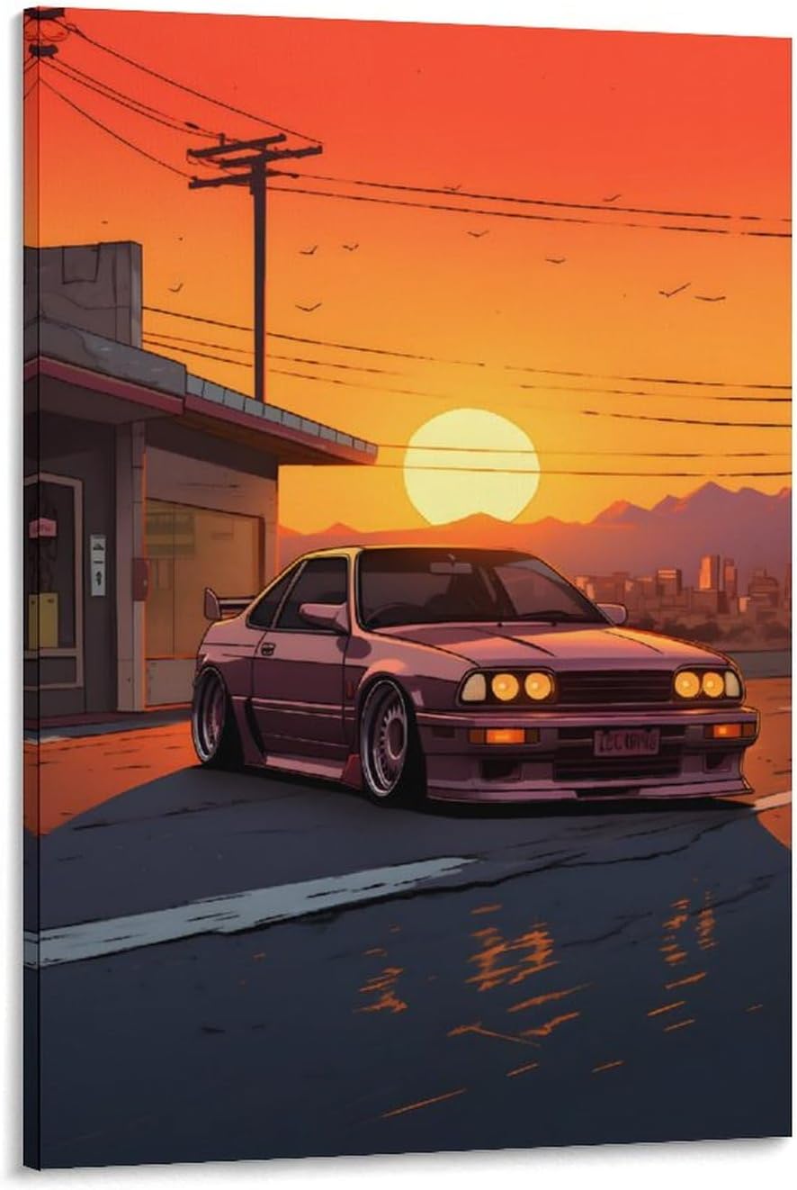 Arte de pared Puesta de sol y JDM – Póster japonés de coche deportivo para decoración de interiores, pintura de pared, póster de arte de pared,