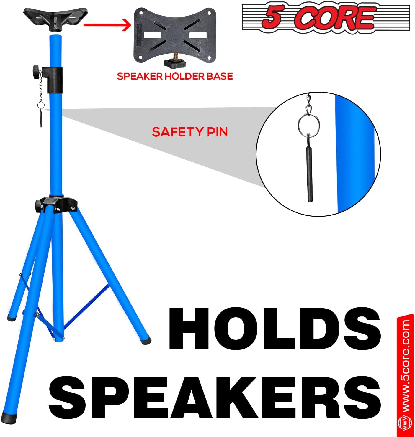5 Core Soportes para altavoces, color azul cielo, resistente, altura ajustable, de 40 a 72 pulgadas, trípode PA para altavoces grandes, soporte de
