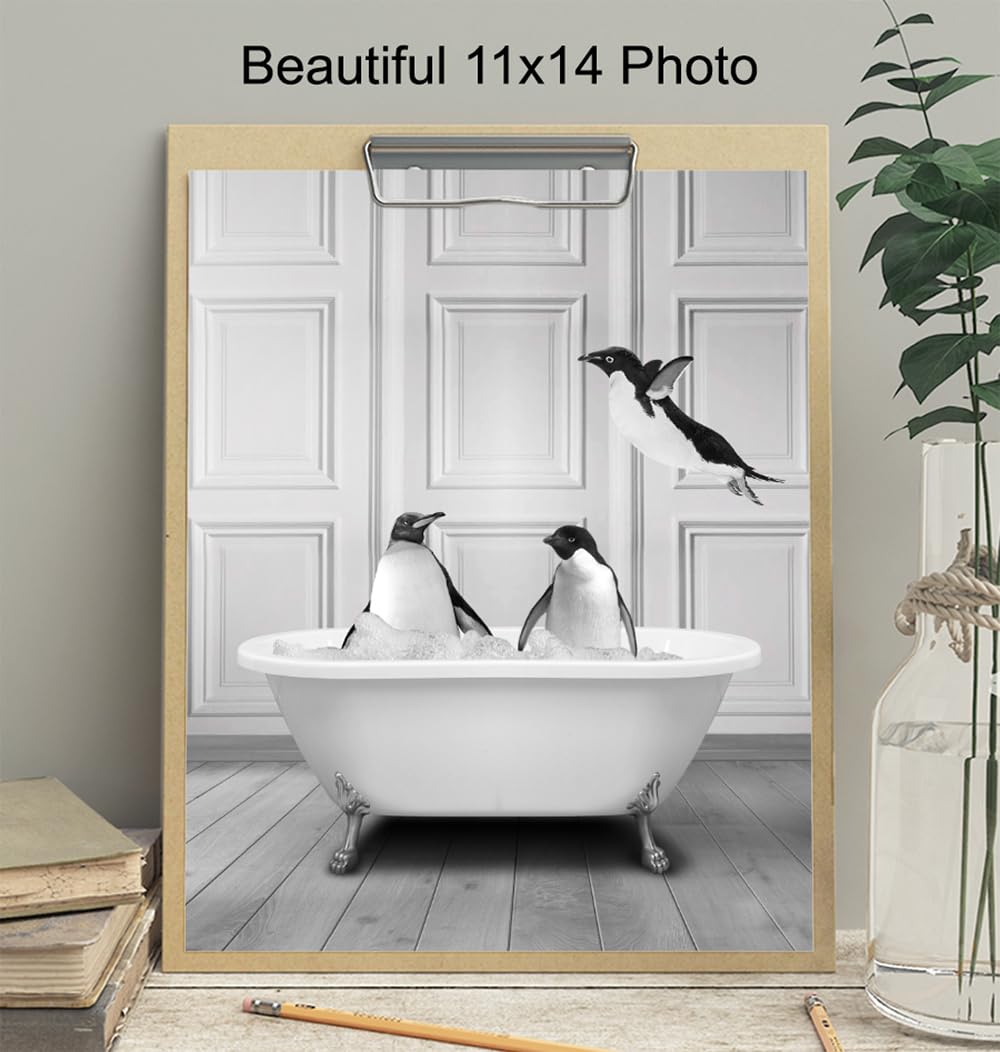 Cute Penguin Bathroom Wall Art LARGE 11×14 – Funny Black Bathroom Decor – Unique Bathroom Wall Decor – Guest Bathroom Art – Powder room Wall Art –