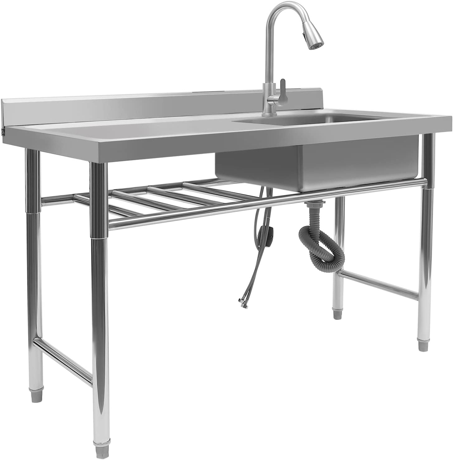Fregadero de acero inoxidable de pie independiente, fregadero de cocina comercial de un solo tazón con banco de trabajo, fregadero de acero