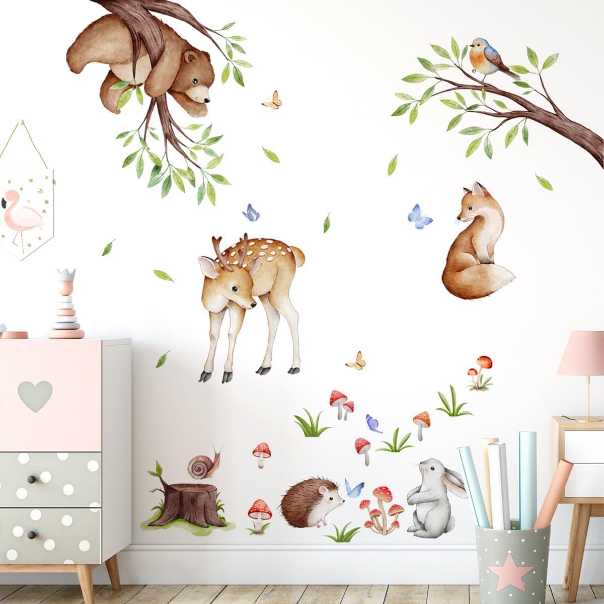 Calcomanías de pared extraíbles de animales de la selva 3D, ramas de árbol verde, ciervo, oso, conejo, calcomanías de pared, bricolaje, despegar y