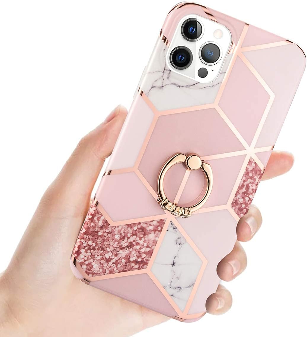 MANLENO Funda compatible con iPhone 1212 Pro, diseño de mármol con soporte de anillo, soporte de soporte, diseño brillante, para mujeres y niñas,