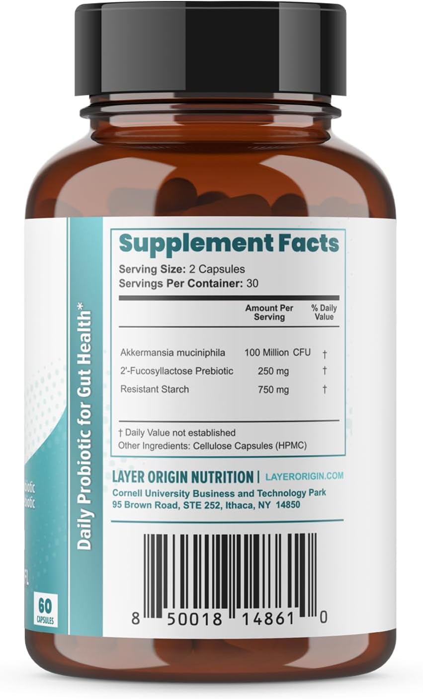 Layer Origin Akkermansia Muciniphila Probiótico con PureHMO Oligosacáridos de leche humana prebiótico para GLP, metabolismo, 60 cápsulas, suministro