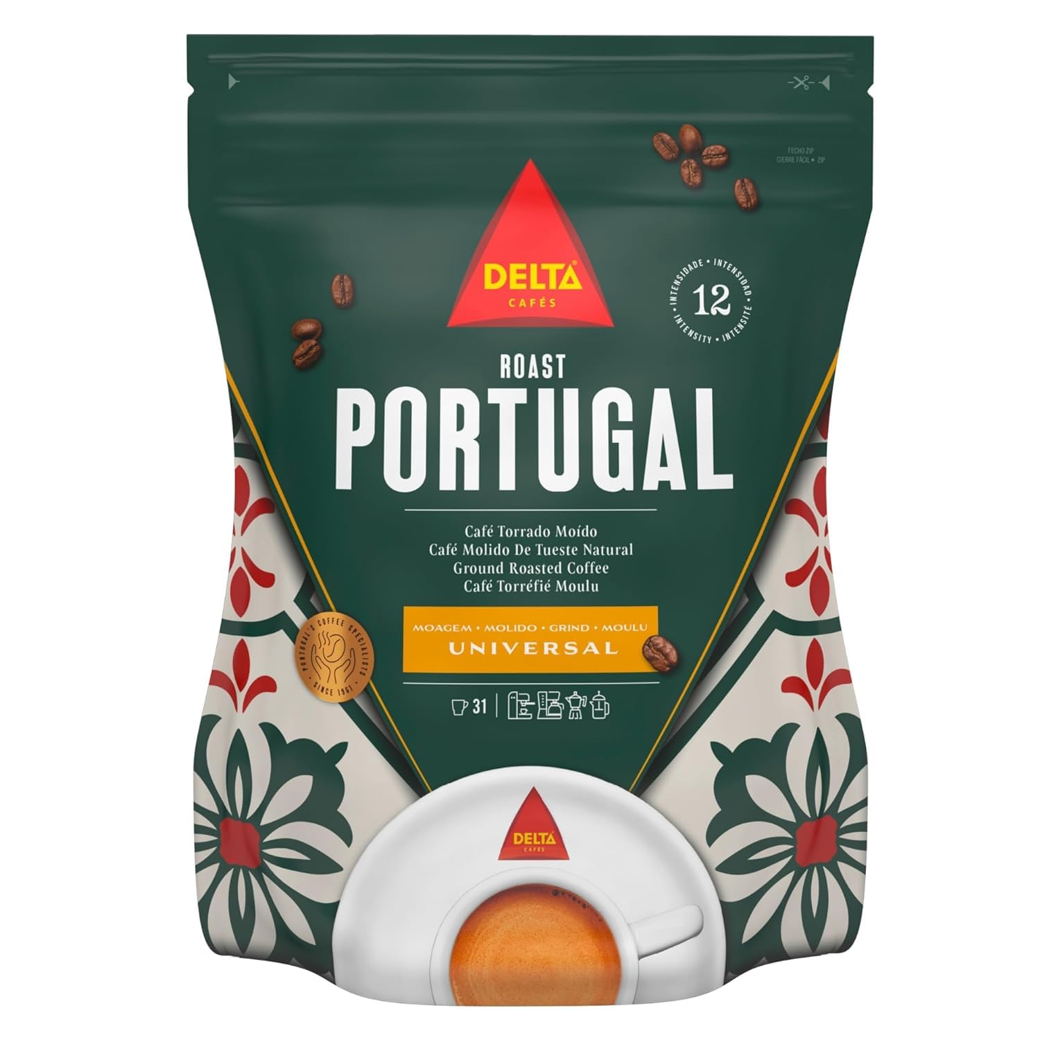 Delta Cafés Café molido Portugal, suave y delicioso café de tostado medio, compatible con máquina de expreso, molienda universal, 7.76 onzas