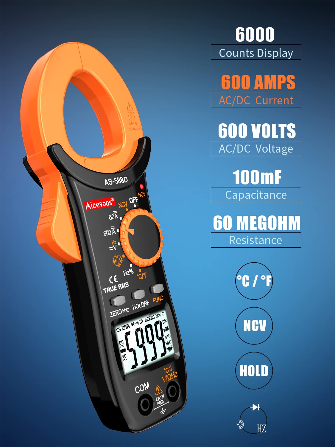 Aicevoos Abrazadera digital 588D 6000 cuenta con amplificador de voltaje de rango automático, mide voltaje y corriente CACC, diodos de resistencia