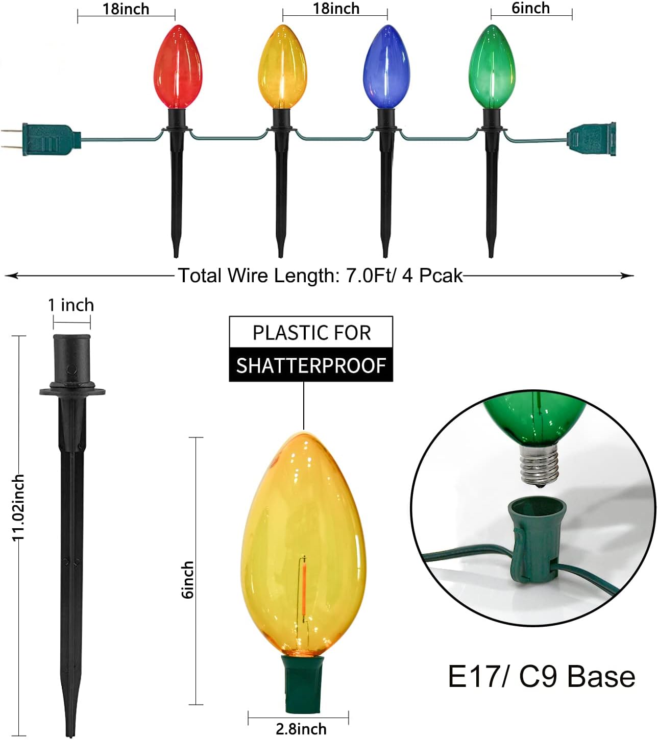 Luces de camino multicolor C9, 2 juegos de luces de 7 pies para exteriores con 8 bombillas LED multicolor C9 gigantes, luces de pasillo de Navidad