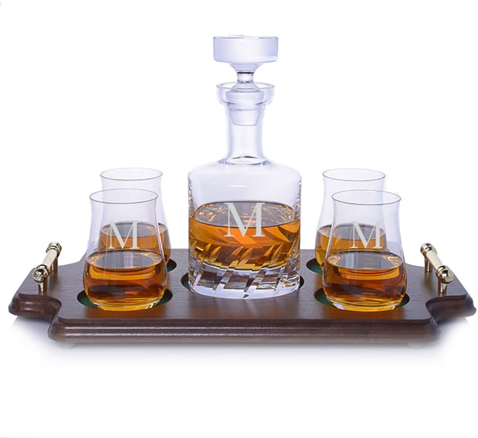 Ravenscroft personalizado – Decantador de whisky de hoja biselada de cristal sin plomo y 4 vasos de whisky escocés de malta individual y bandeja de