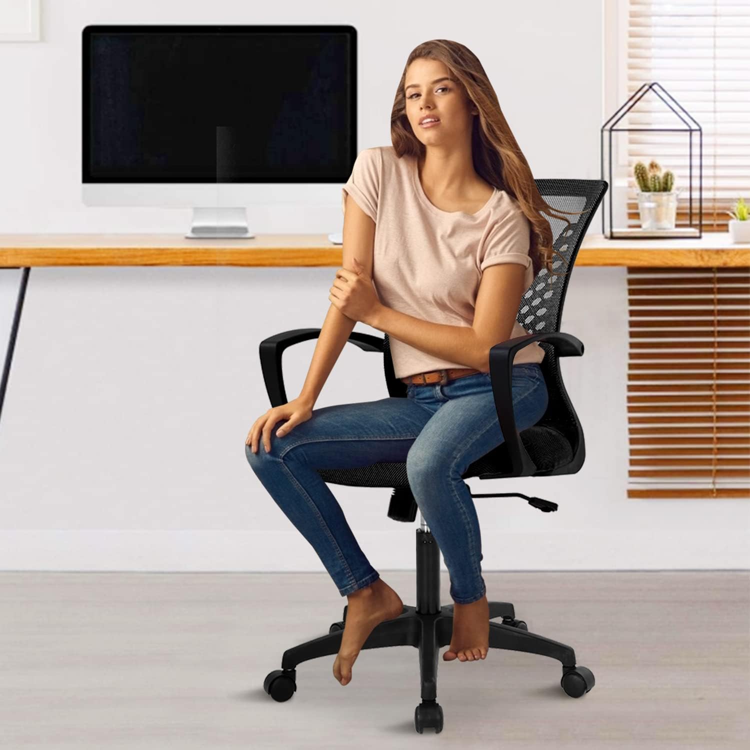 Silla de oficina en casa, silla de escritorio ergonómica, respaldo medio, silla de computadora de PC con soporte lumbar y reposabrazos, silla de
