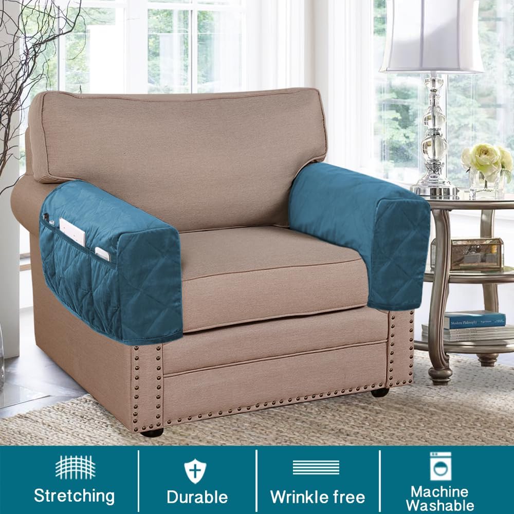 Turquoize Fundas de terciopelo para reposabrazos para sillas y sofás, fundas para reposabrazos de sofá reclinable con bolsillo lateral, fundas