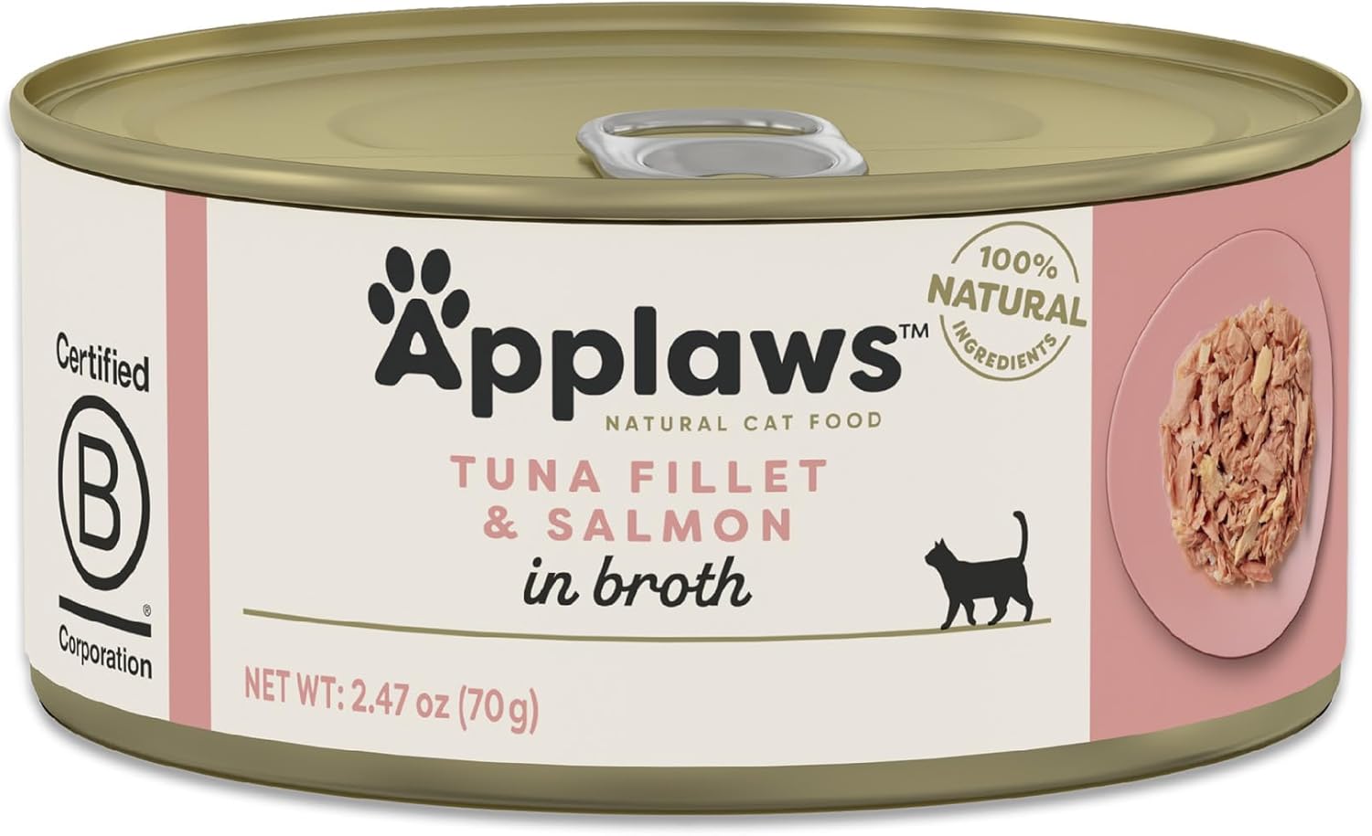 Applaws Wet Cat Food, paquete de 24, alimento húmedo enlatado de ingredientes limitados, atún y salmón en caldo, 24 latas de 2.47 onzas