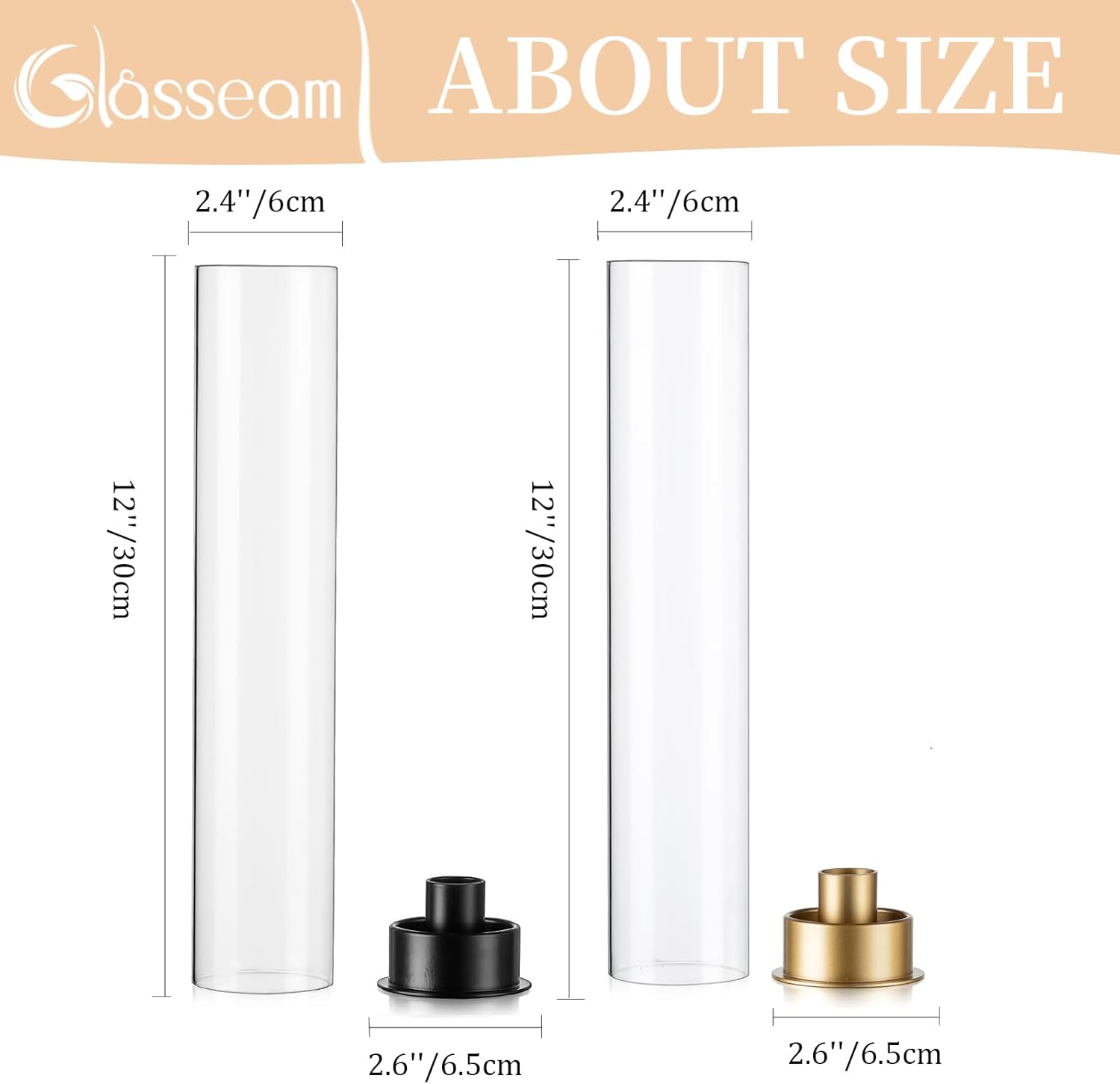 Glasseam Juego de 6 portavelas de cristal negro Hurricane, portavelas cilíndricos de cristal, modernos portavelas cónicos con pantalla de chimenea