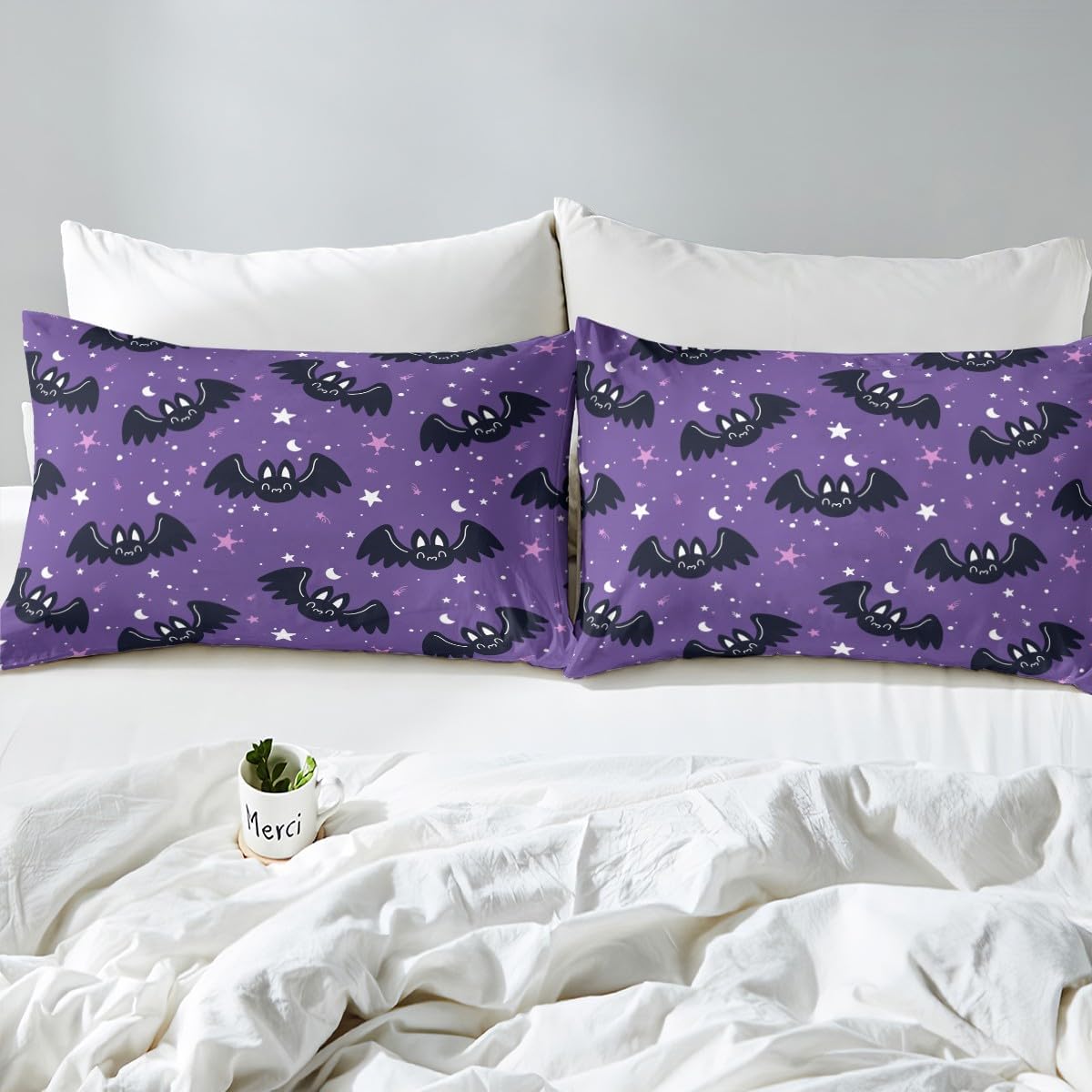 Lindas sábanas de murciélagos tamaño Queen, juego de sábanas de Feliz Halloween para niños y niñas, Kawaii cielo estrellado estrellas luna, sábana