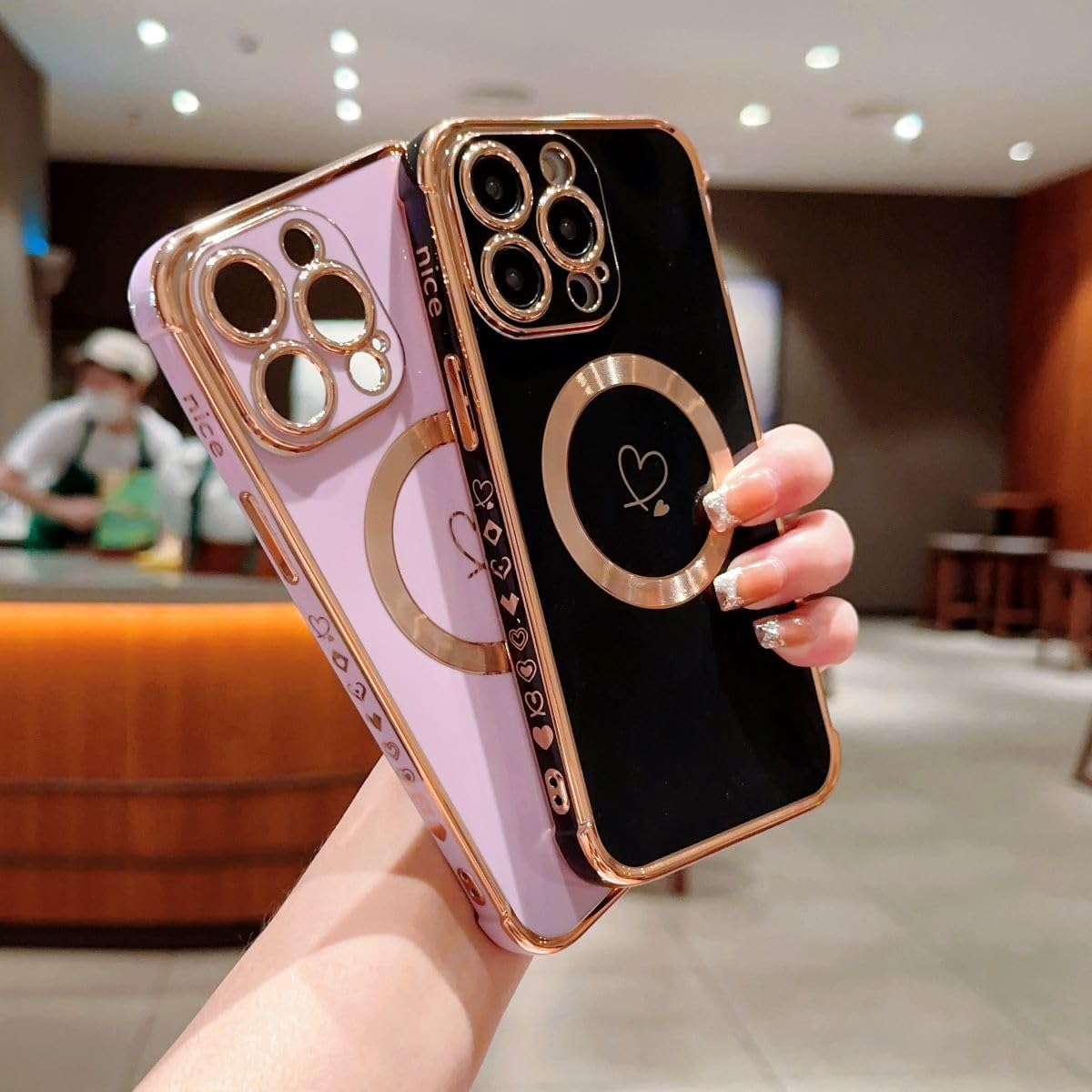 Hosgor Funda compatible con iPhone 15 Pro 2023, compatible con MagSafe Love Heart Platating protección de cámara, funda para teléfono para mujeres y