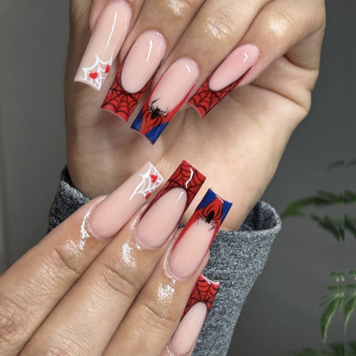 Uñas postizas largas a presión para Halloween, con diseño de telaraña, color negro, punta francesa, color rojo, cobertura completa, para Halloween,