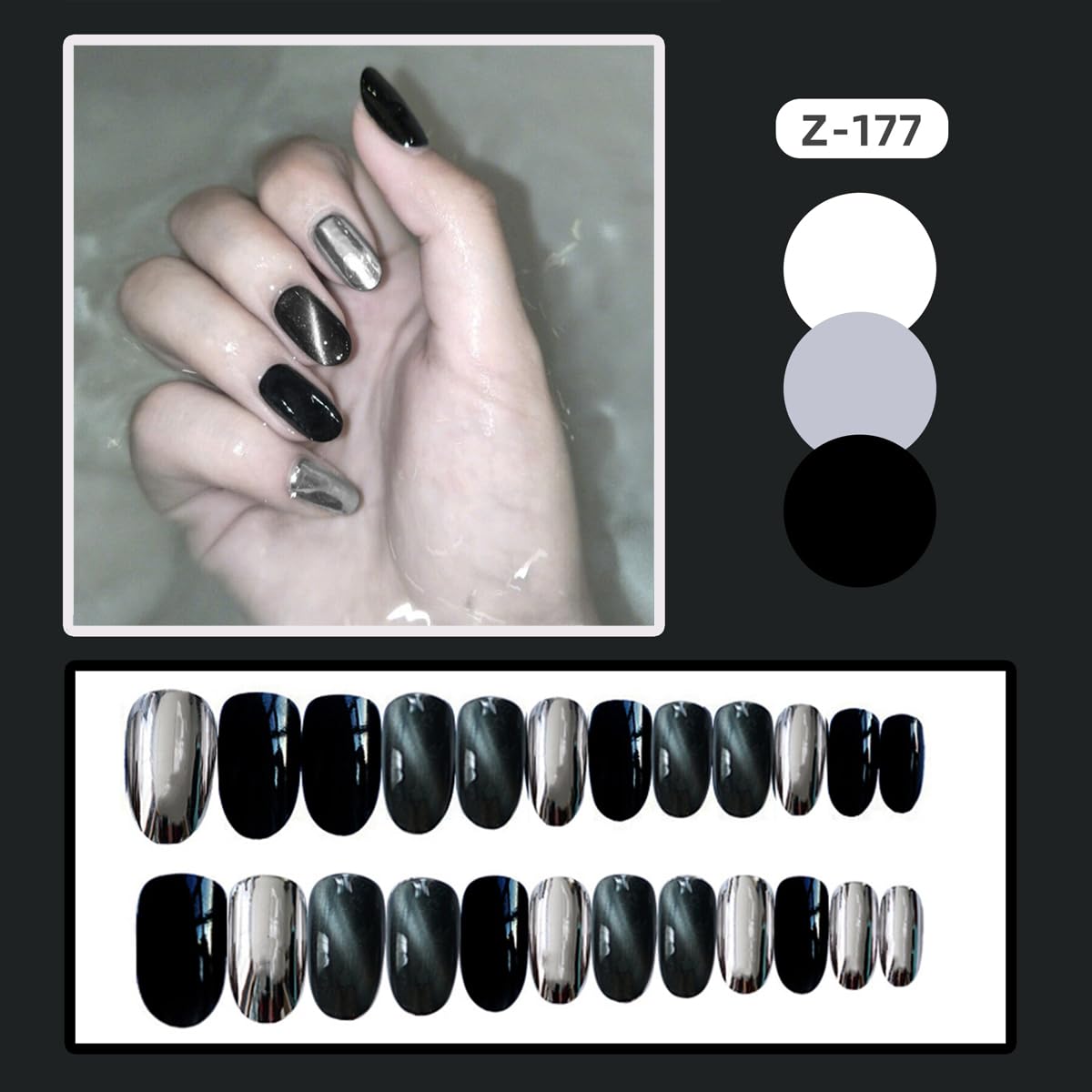 LTTECH Uñas postizas a presión de espejo de forma ovalada media, uñas postizas negras y plateadas, acabado metálico, kit de uñas postizas acrílicas,