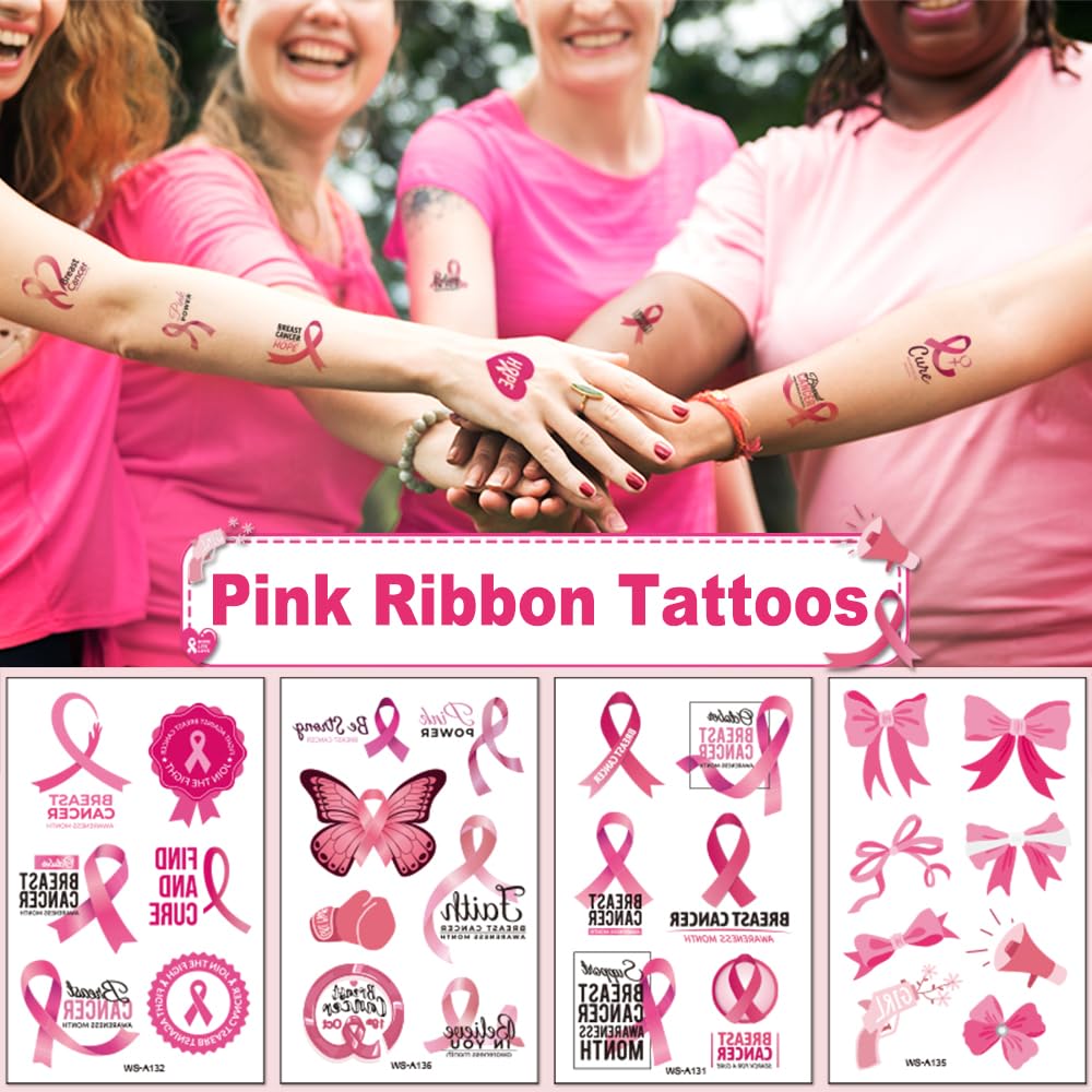 10 hojas de calcomanías de tatuajes de cinta rosa para concientización sobre el cáncer de mama, impermeables, fáciles de usar
