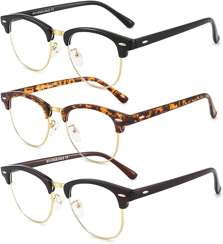 SOAR&EAGLE Paquete de 3 lentes de bloqueo de luz azul, lentes para juegos de computadora, lentes transparentes retro sin montura UV400 (oro