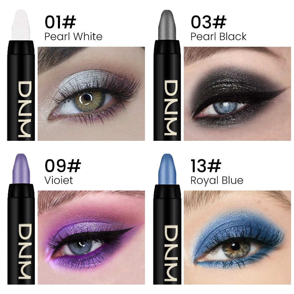 Kaely Juego de 4 sombras de ojos color crema para ojos, blanco perla, negro, Vioiet, morado, azul rey, iluminador de ojos, maquillaje brillante,