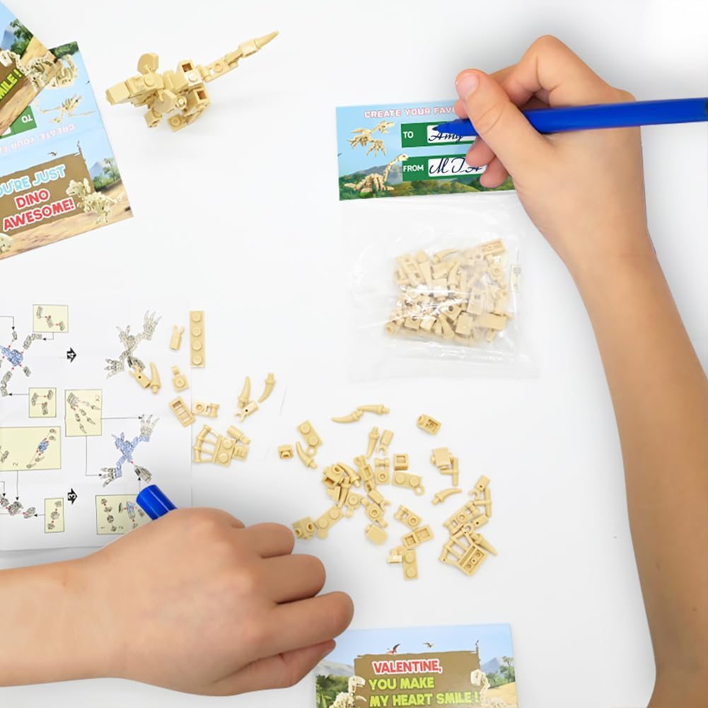 WODMAZ Paquete de 24 tarjetas de San Valentín para niños, bloques de construcción de dinosaurios con tarjetas de felicitación del día de San