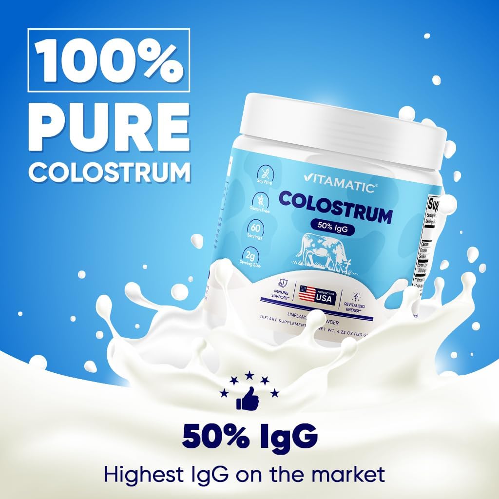 Vitamatic Polvo de calostro bovino  50% más alto de IgG  Suplemento para la salud intestinal, crecimiento del cabello, belleza, recuperación