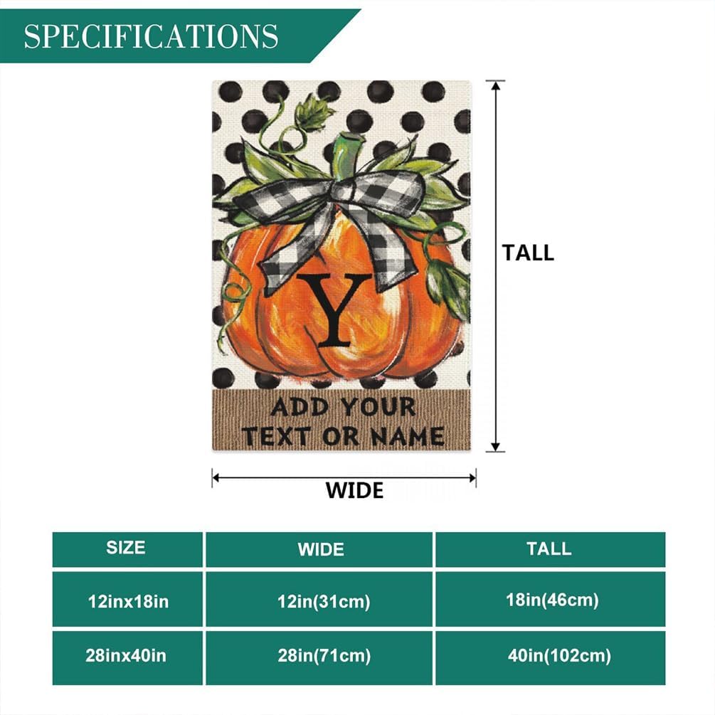 Banderas de jardín personalizadas de calabaza de otoño con texto inicial de 12 x 18 pulgadas, arpillera de doble cara para exteriores, decoración de