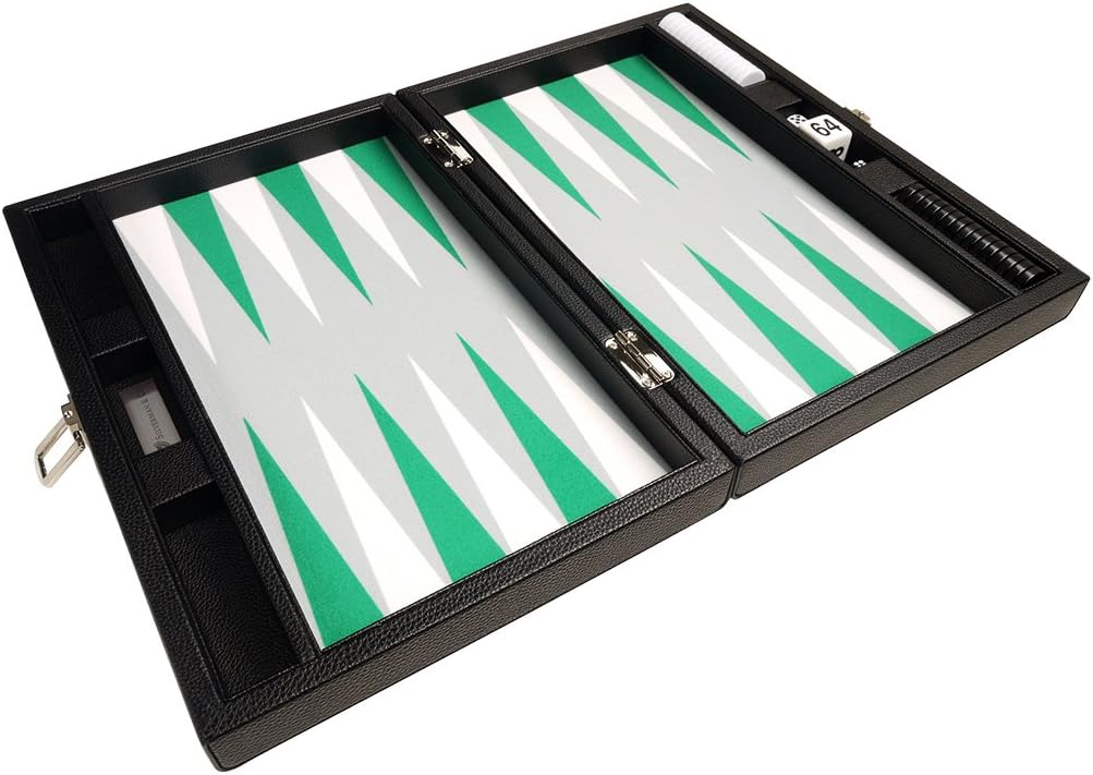 Silverman & Co. Juego de Backgammon Premium de 13 pulgadas, tamaño de viaje, tablero negro, puntos blancos y verdes