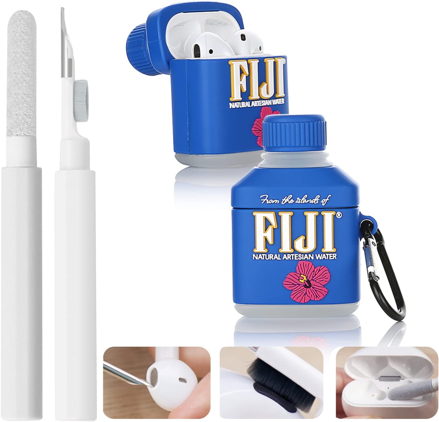 Bolígrafo de limpieza con bonita funda para Airpods 12 y llavero, funda protectora de silicona para Airpods con kit de limpieza para estuche de