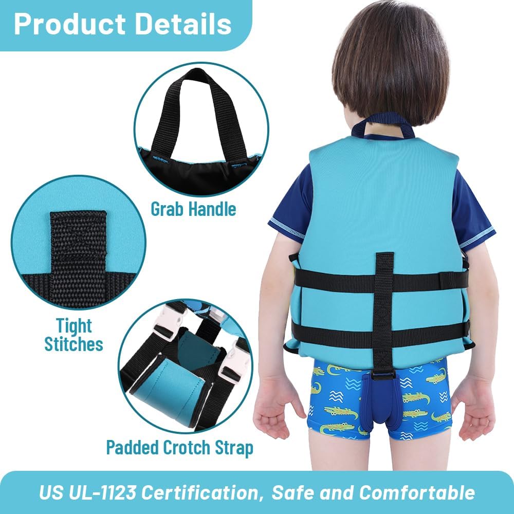Boglia Chaleco de natación para niños pequeños con correa de seguridad ajustable para aprender a nadar, niños de 1 a 9 años, 24 a 75 libras