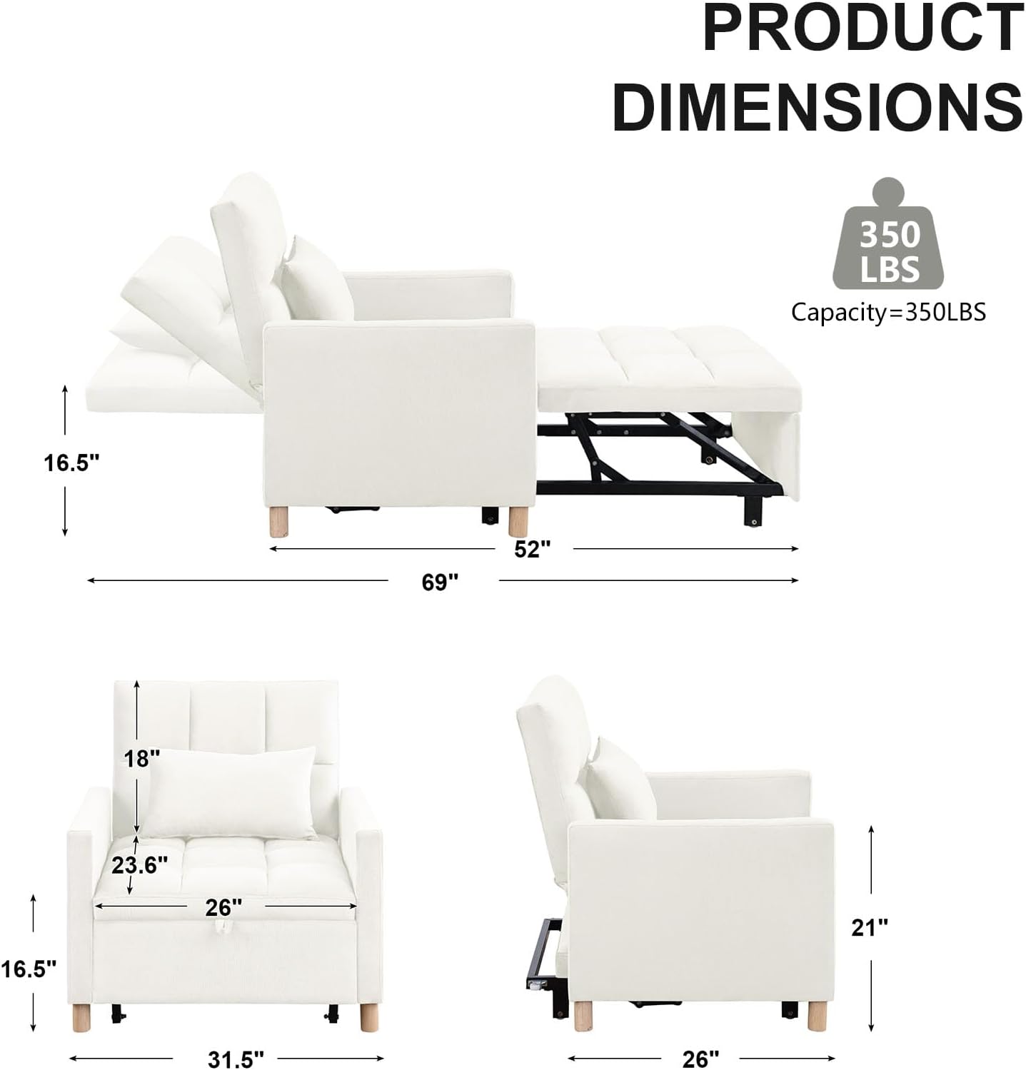 Silla convertible cama, silla convertible 3 en 1, sofá cama, sofá multifuncional con respaldo y bolsillo ajustables, silla extraíble para sala de