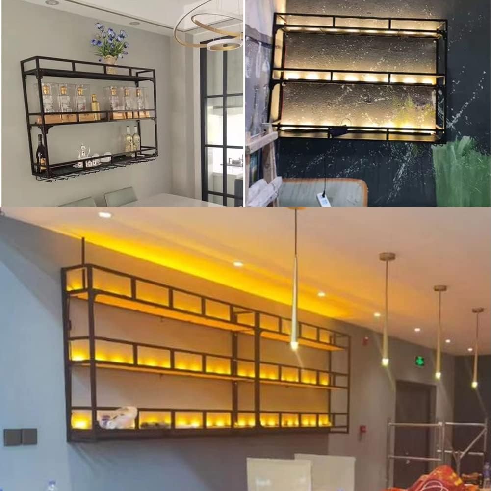 Estante LED montado en la pared para copas de vino, estantes de bar, estantes flotantes de metal, copa colgante al revés para botellas de licor,
