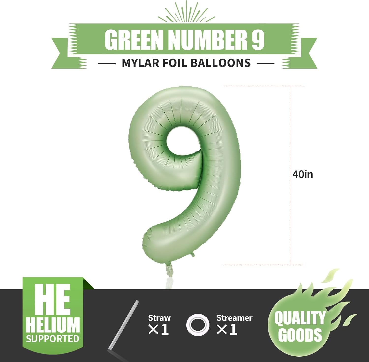 Globo verde claro del número 9, tamaño grande, 40 pulgadas, de papel de aluminio de Mylar gigante, globos de helio verde brillante para fiestas de