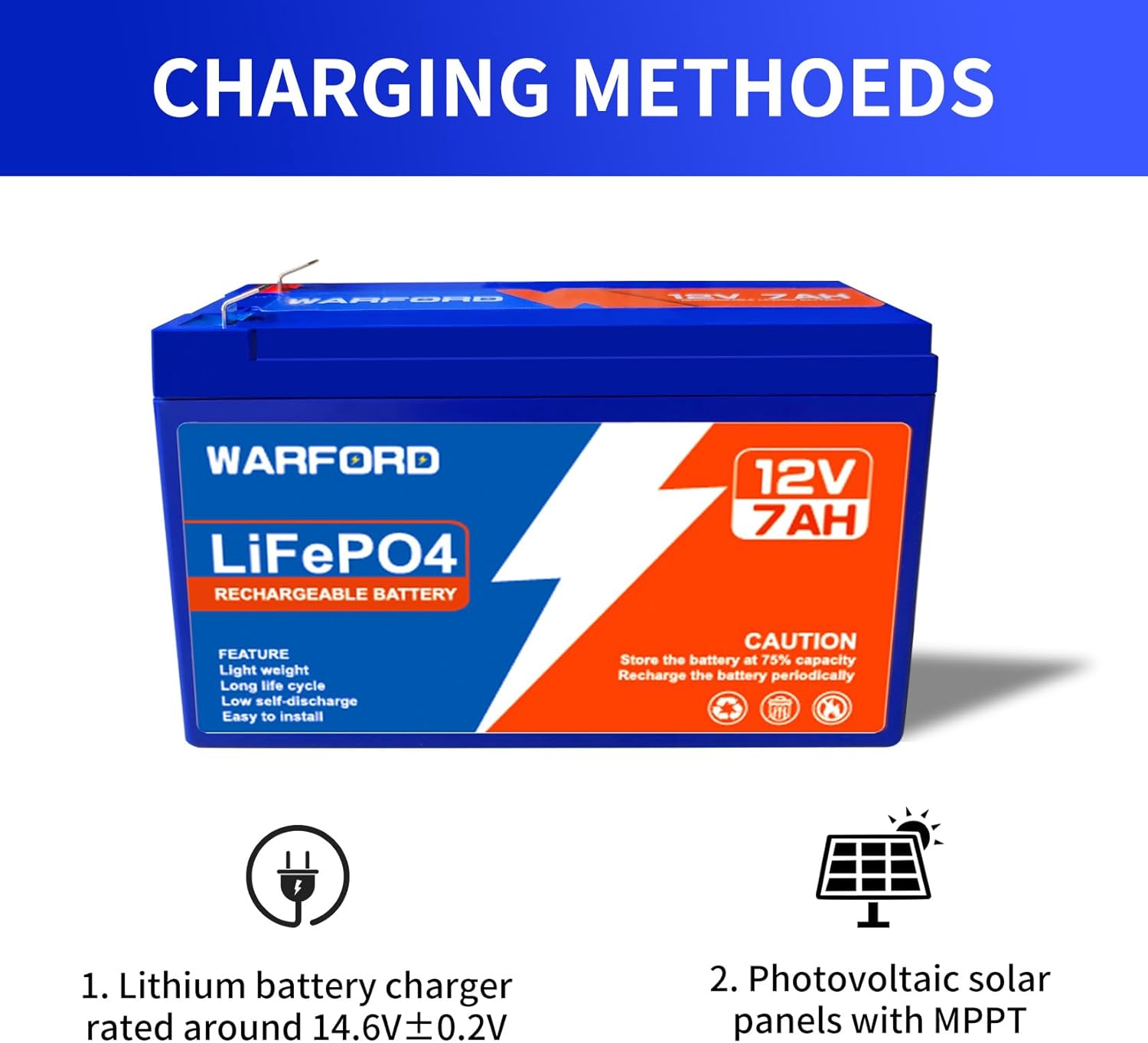 Warford Batería de litio de 12 V y 7 Ah, batería de fosfato de hierro de litio de ciclo profundo de más de 2000, batería recargable LiFePO4 BMS